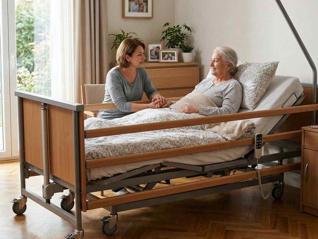 Motorlu hasta yatağı modeli sırt ve ayak hareketlerini kolayca ayarlamaya yardımcı olur